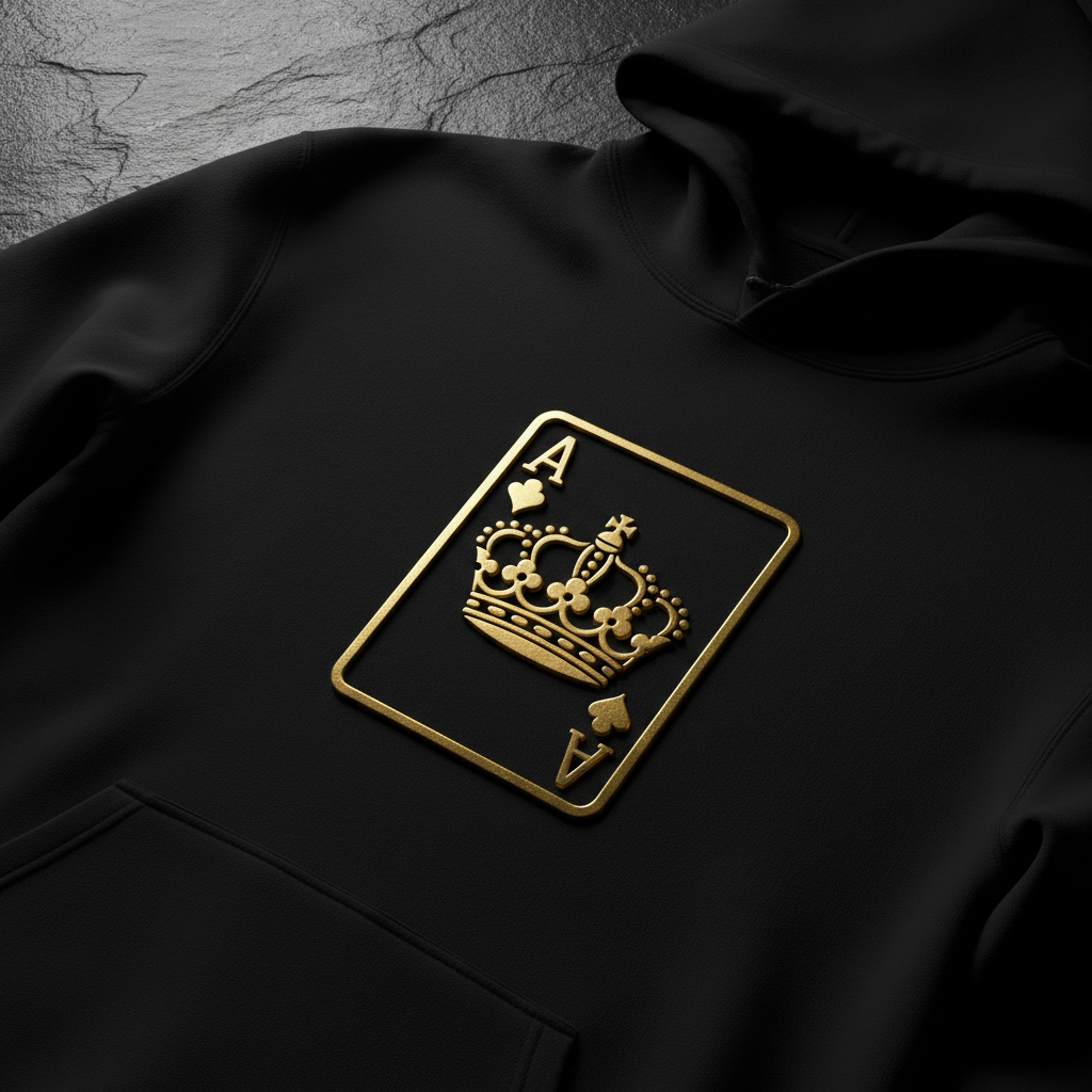 Ace of Sovereigns Ace Crest Hoodie — Premium heavyweight black hoodie with gold crest emblem